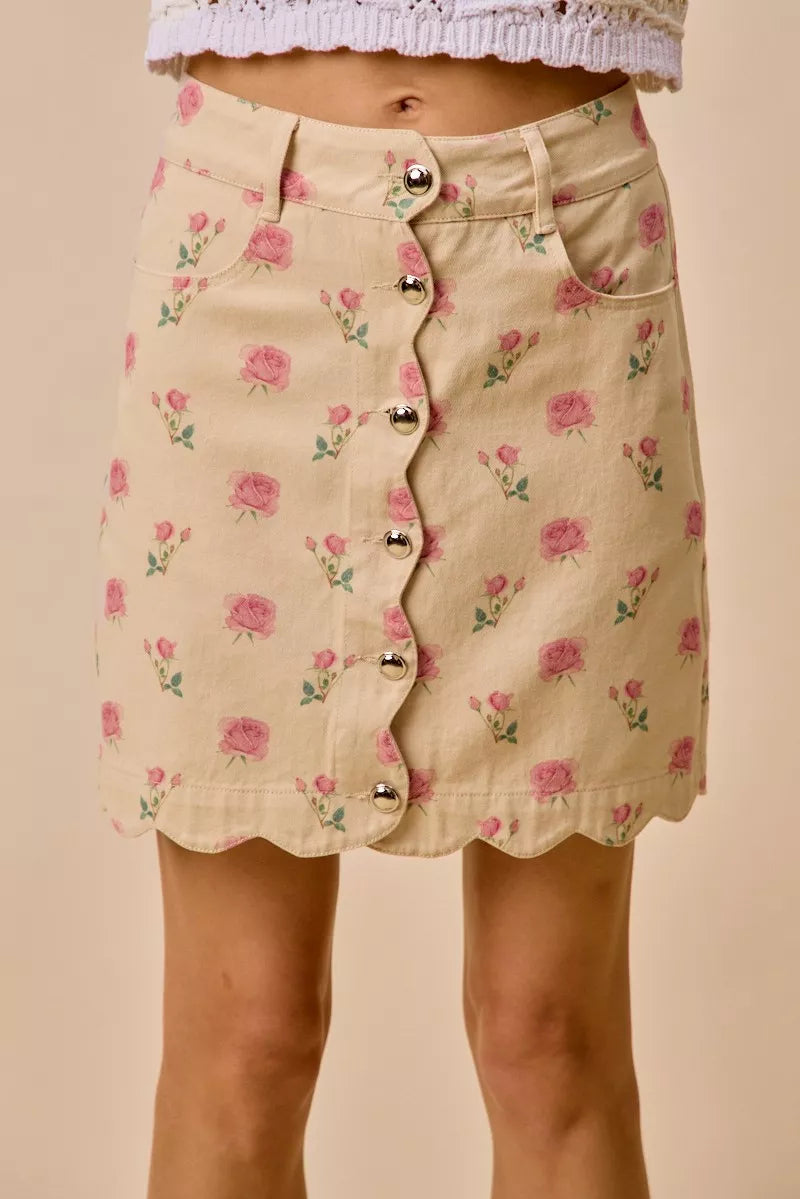 SO ME Floral Rose Print Scallop Hem Mini Skirt front alternate view - A-line mini skirt with scattered rose bouquet print, decorative scallop edge, and lightweight cotton twill fabric

