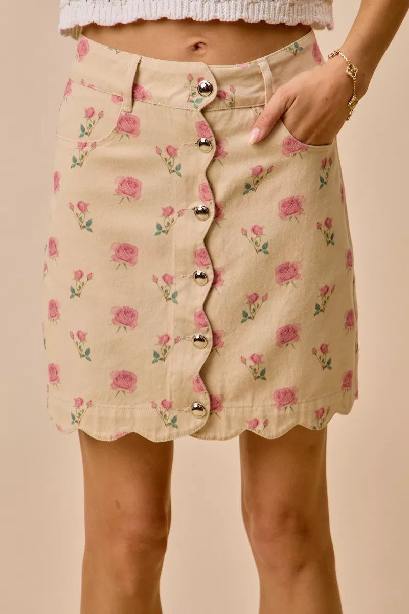 SO ME Floral Rose Print Scallop Hem Mini Skirt front view - cotton twill summer skirt with all-over rose floral print, scalloped hemline, and high waisted mini fit

