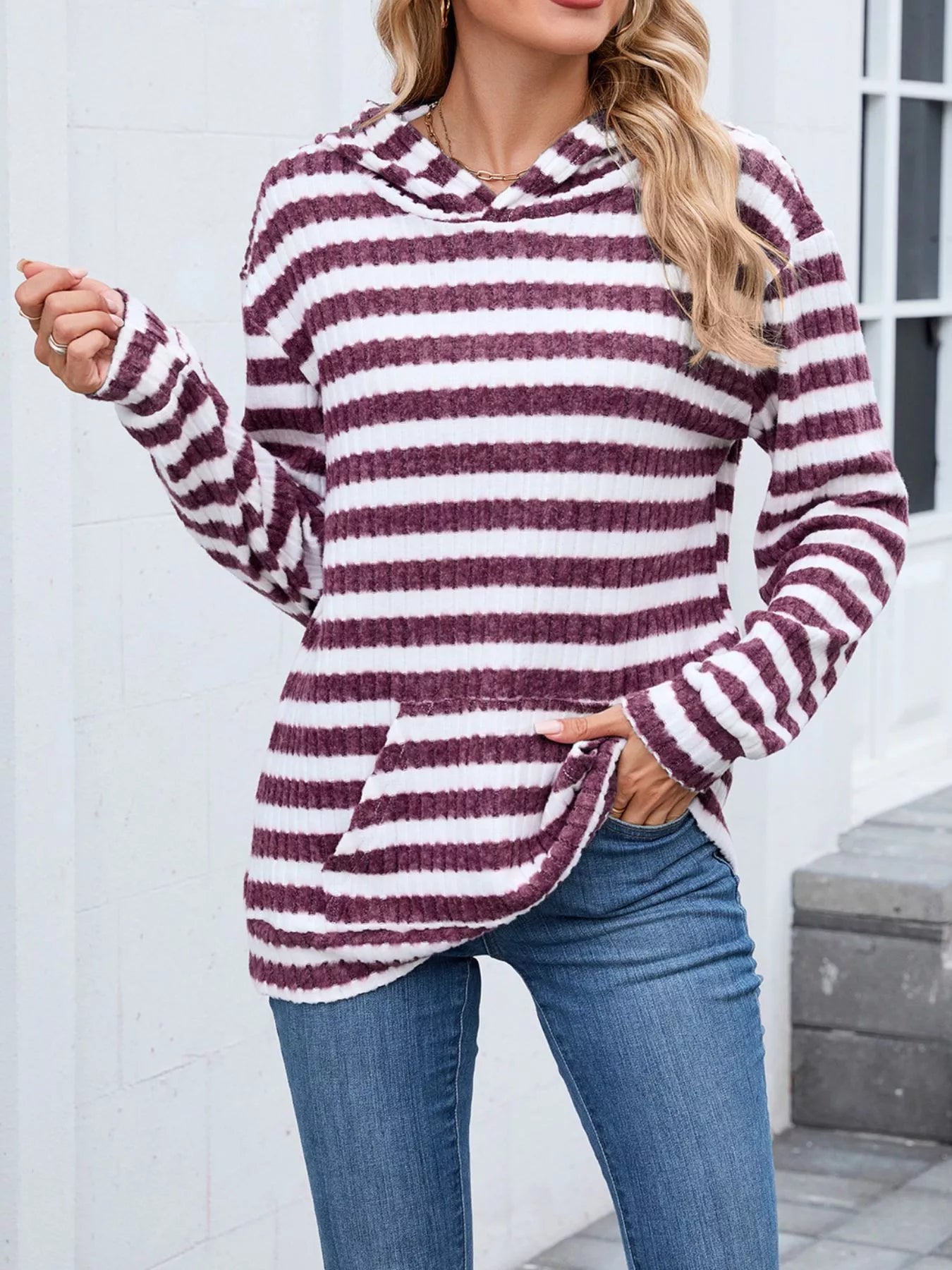 Striped Dropped Shoulder Hoodie | Casual Women’s Cozy Pullover
