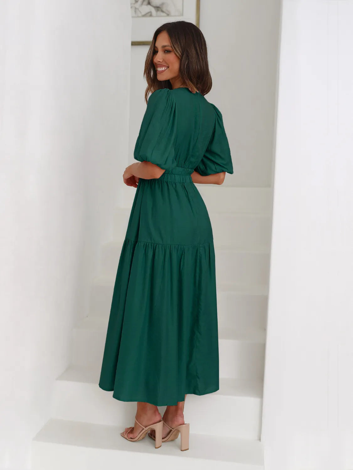 Tiered Surplice Midi Dress | Half Sleeve Elegant Styles at CentPrime