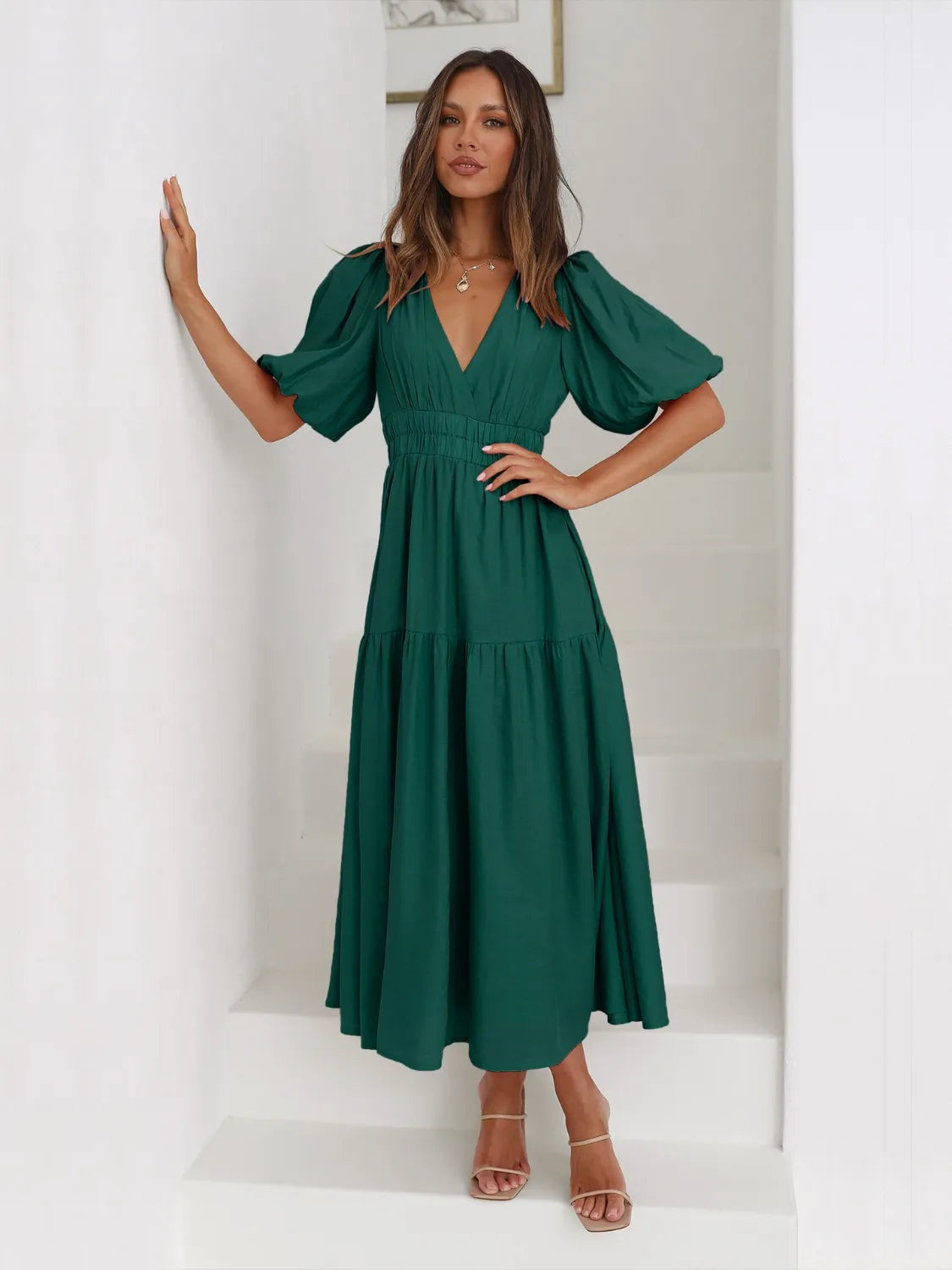 Tiered Surplice Midi Dress | Half Sleeve Elegant Styles at CentPrime