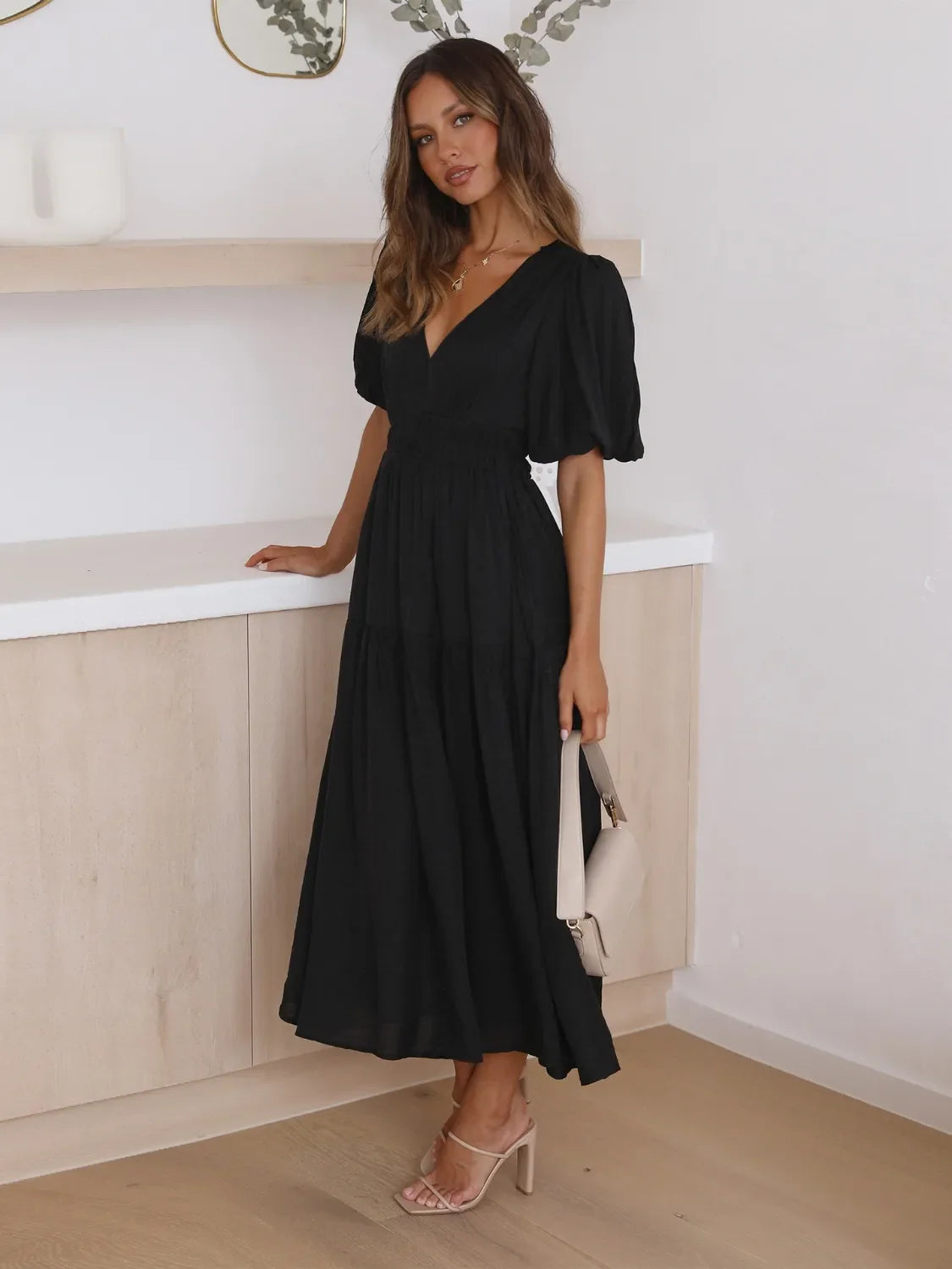 Tiered Surplice Midi Dress | Half Sleeve Elegant Styles at CentPrime