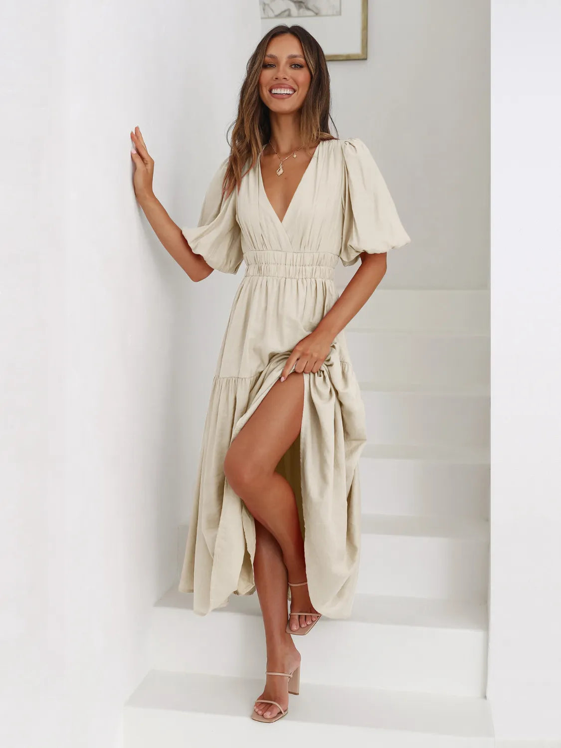 Tiered Surplice Midi Dress | Half Sleeve Elegant Styles at CentPrime