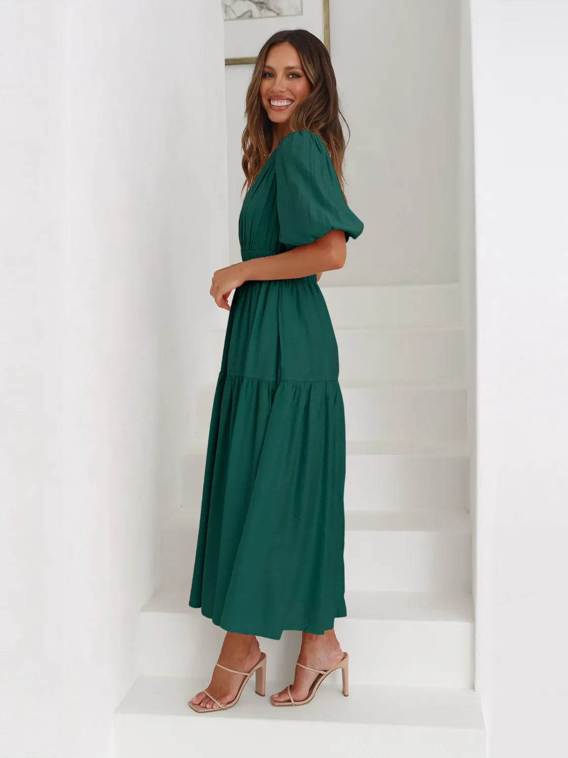 Tiered Surplice Midi Dress | Half Sleeve Elegant Styles at CentPrime