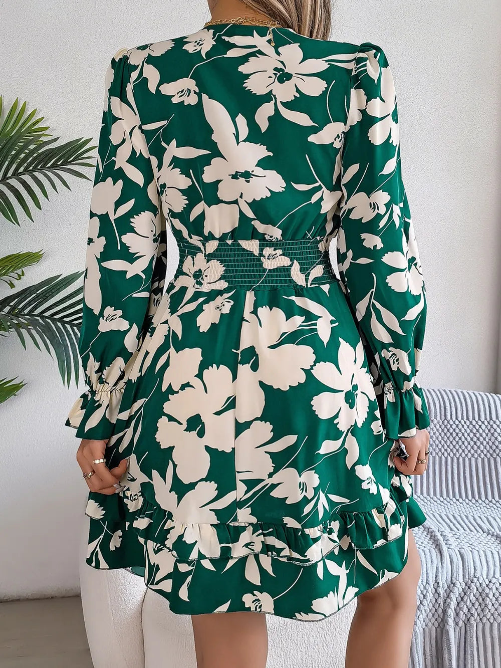 Tied Ruffled Printed Long Sleeve Dress – Shop Now