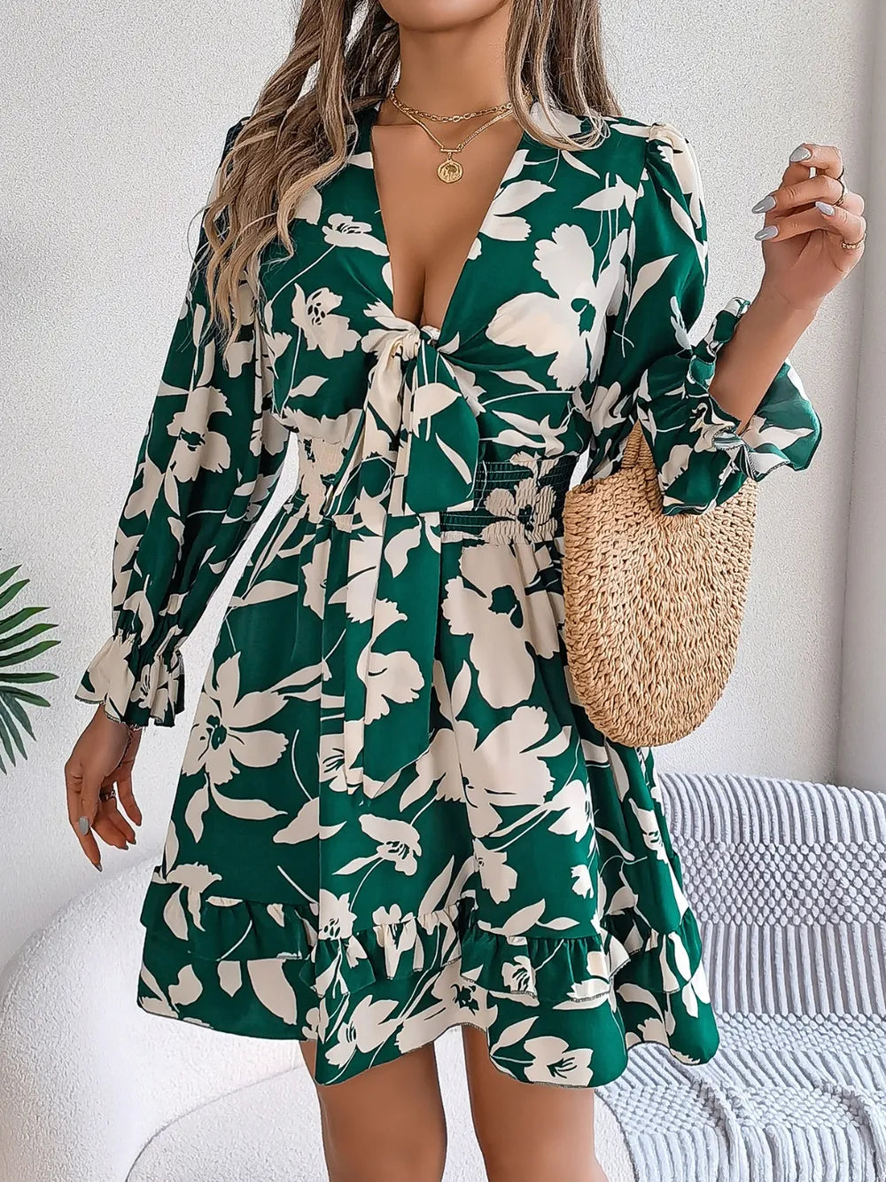 Tied Ruffled Printed Long Sleeve Dress – Shop Now