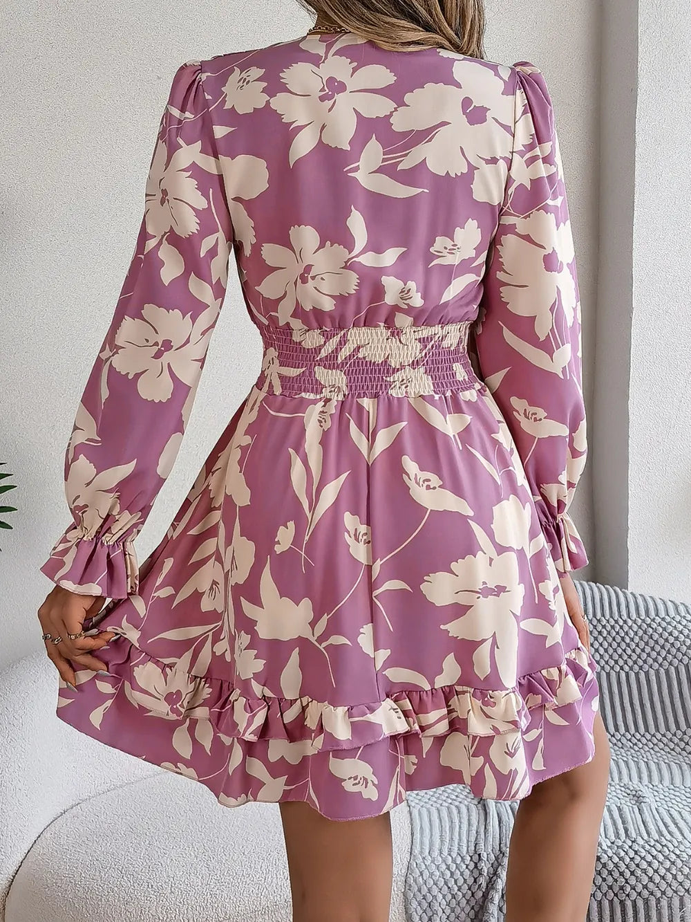 Tied Ruffled Printed Long Sleeve Dress – Shop Now