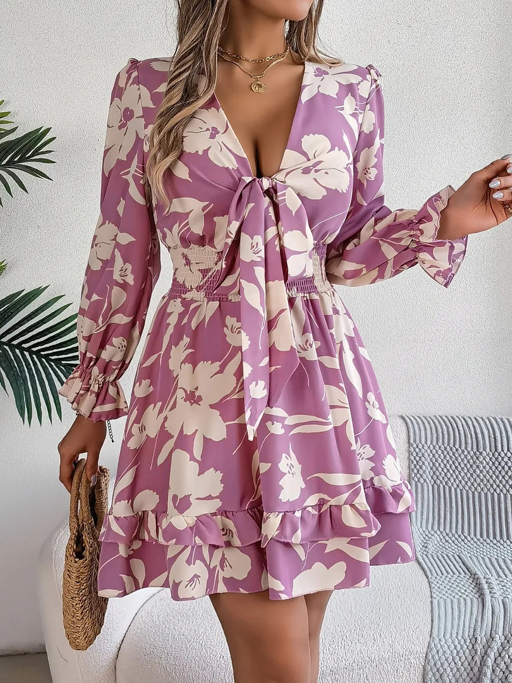 Tied Ruffled Printed Long Sleeve Dress – Shop Now