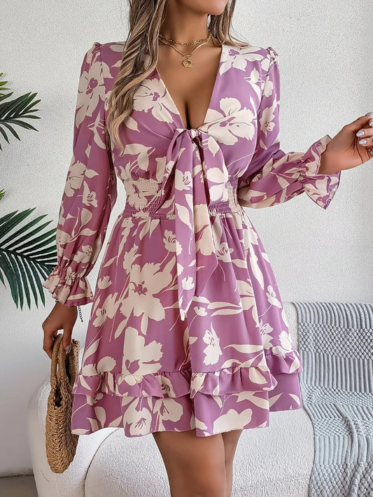 Tied Ruffled Printed Long Sleeve Dress – Shop Now