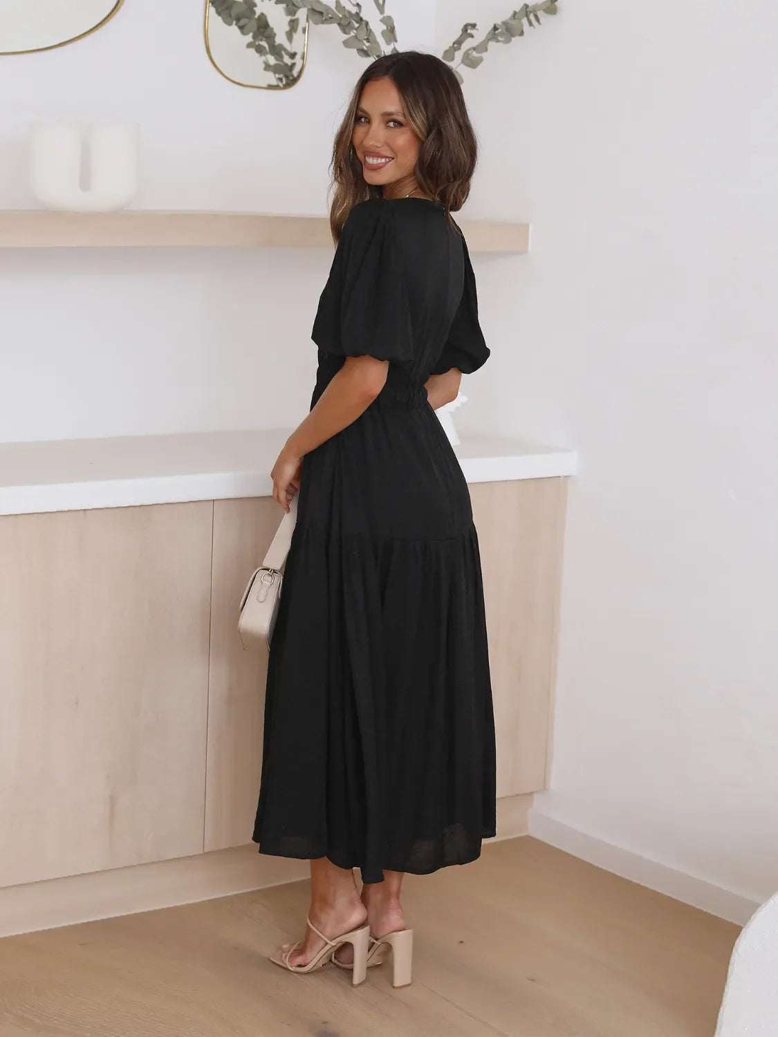 Tiered Surplice Midi Dress | Half Sleeve Elegant Styles at CentPrime