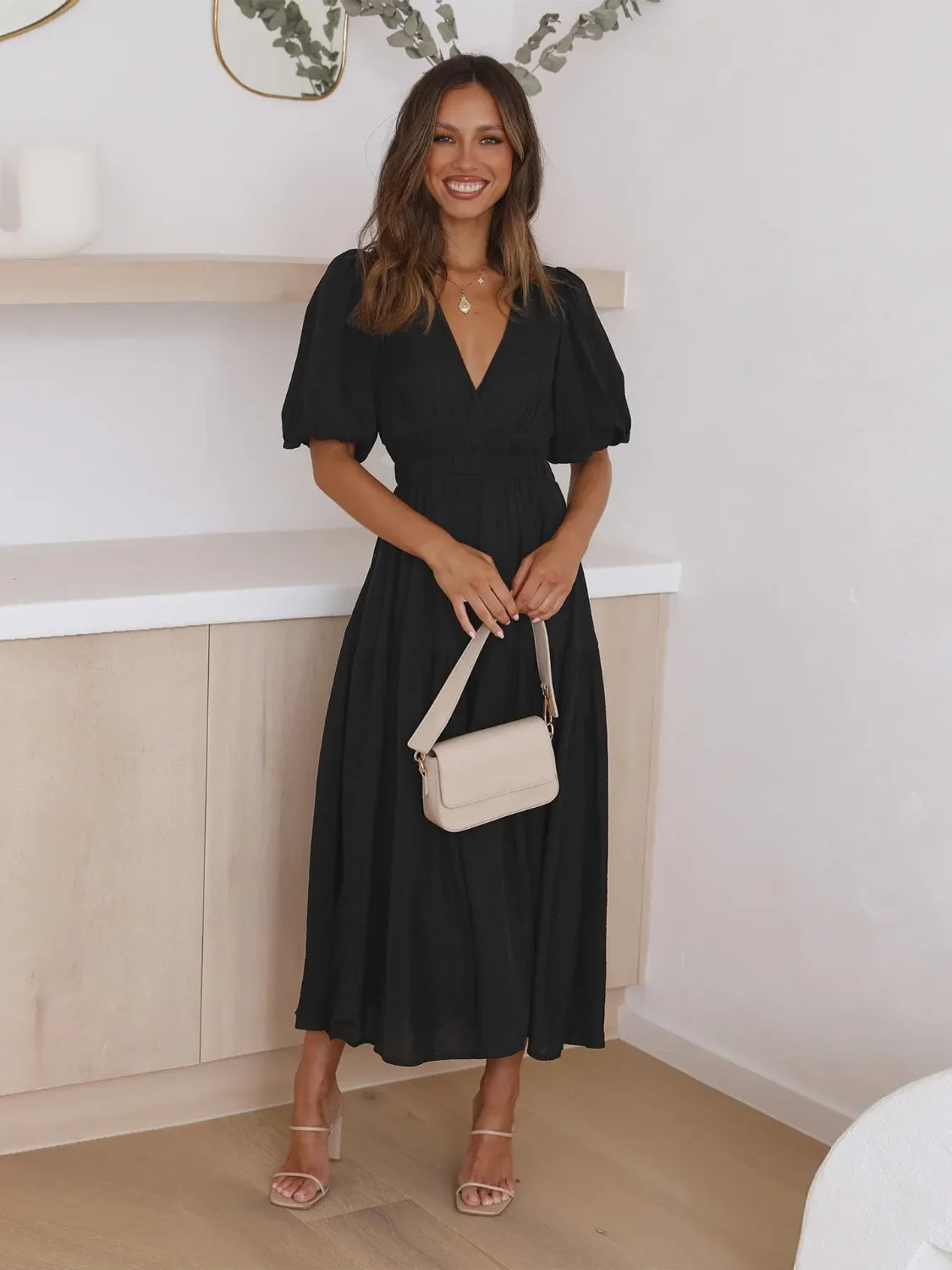 Tiered Surplice Midi Dress | Half Sleeve Elegant Styles at CentPrime