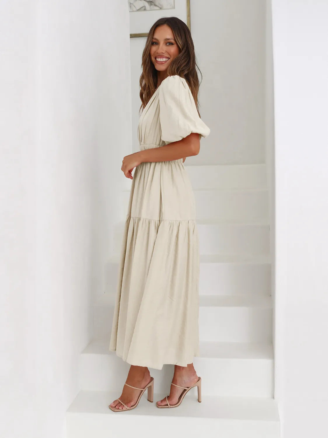 Tiered Surplice Midi Dress | Half Sleeve Elegant Styles at CentPrime