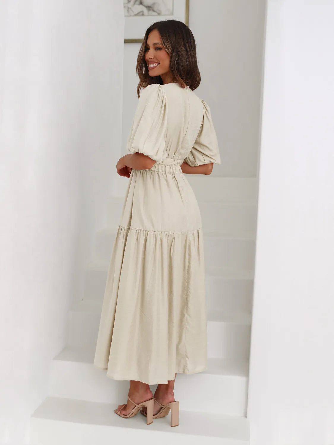 Tiered Surplice Midi Dress | Half Sleeve Elegant Styles at CentPrime