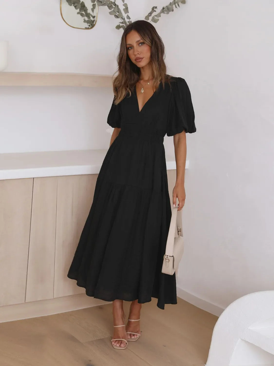 Tiered Surplice Midi Dress | Half Sleeve Elegant Styles at CentPrime