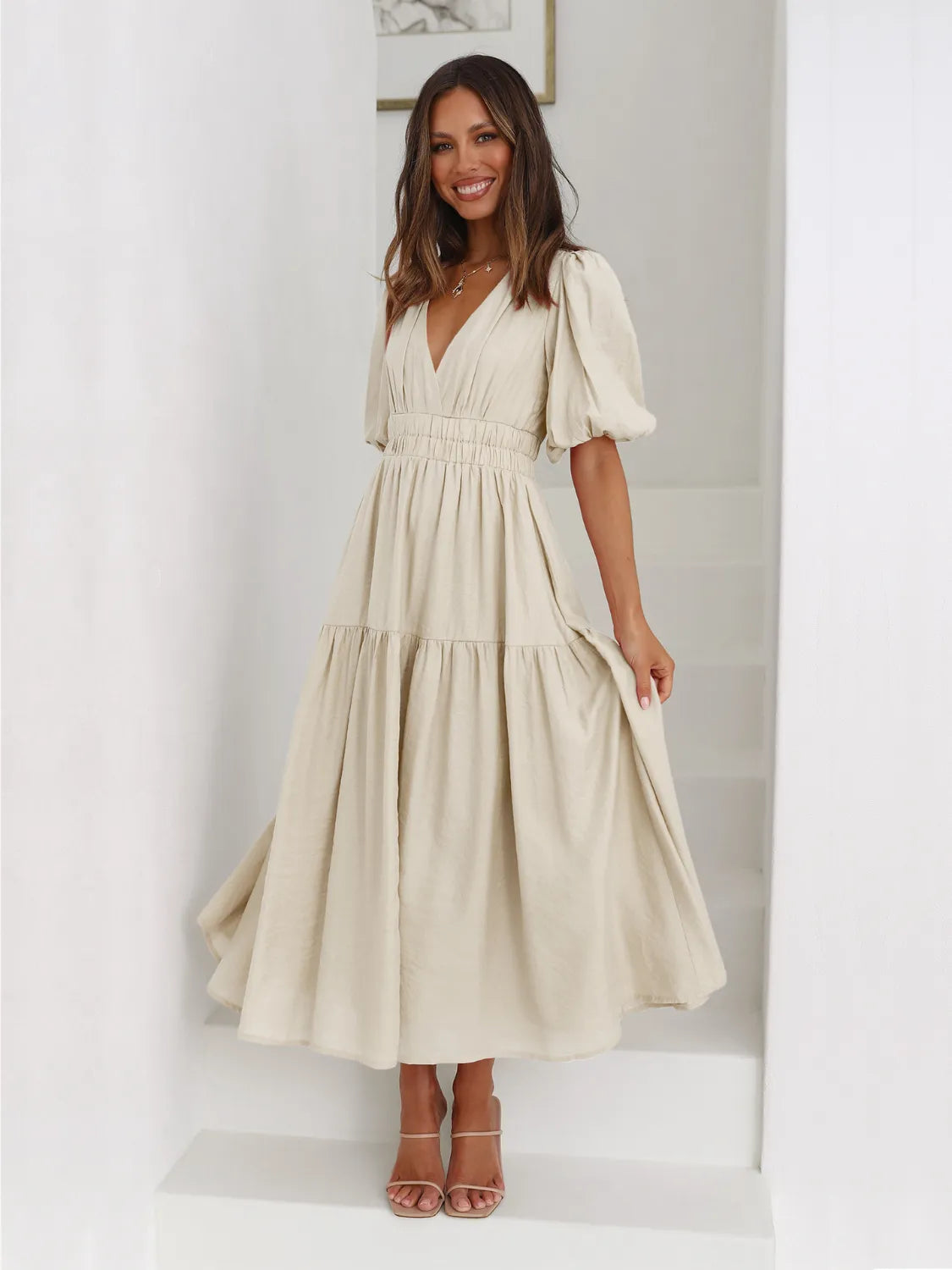 Tiered Surplice Midi Dress | Half Sleeve Elegant Styles at CentPrime