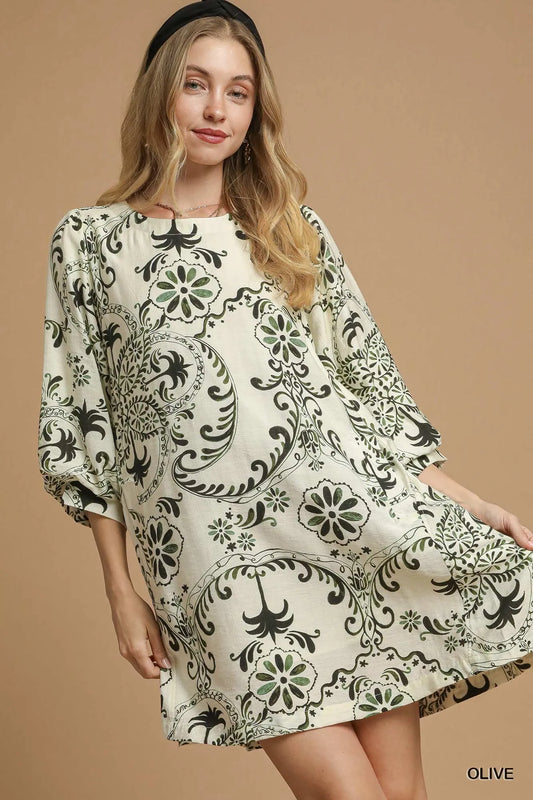 Umgee Boho Printed Balloon Sleeve Mini Dress – Stylish & Flowy
