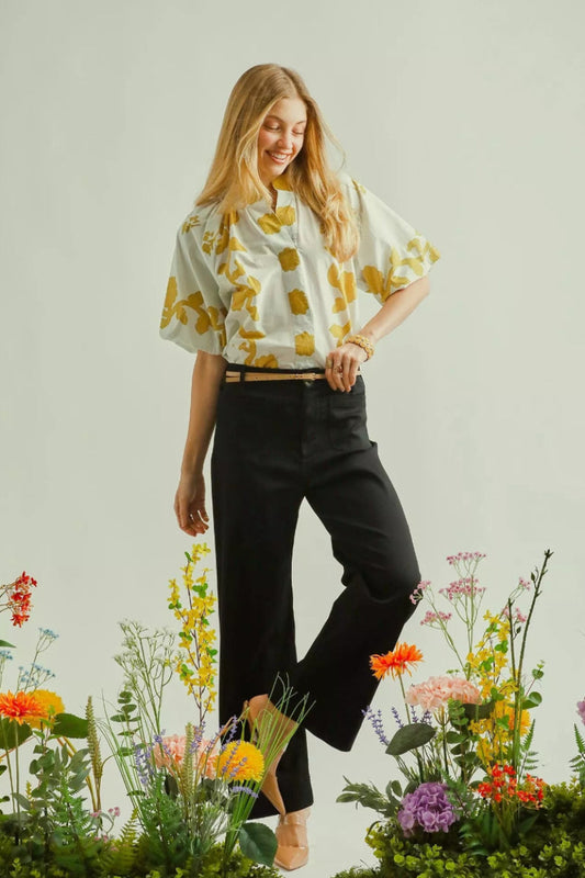 Umgee button stretched pants front view showing comfortable stretch fit and stylish button detail