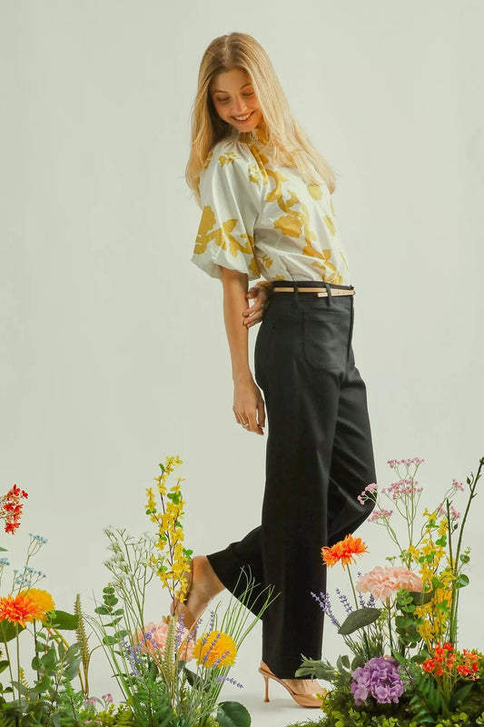 Side view of Umgee button stretched pants highlighting flattering fit and stretch fabric for everyday wear