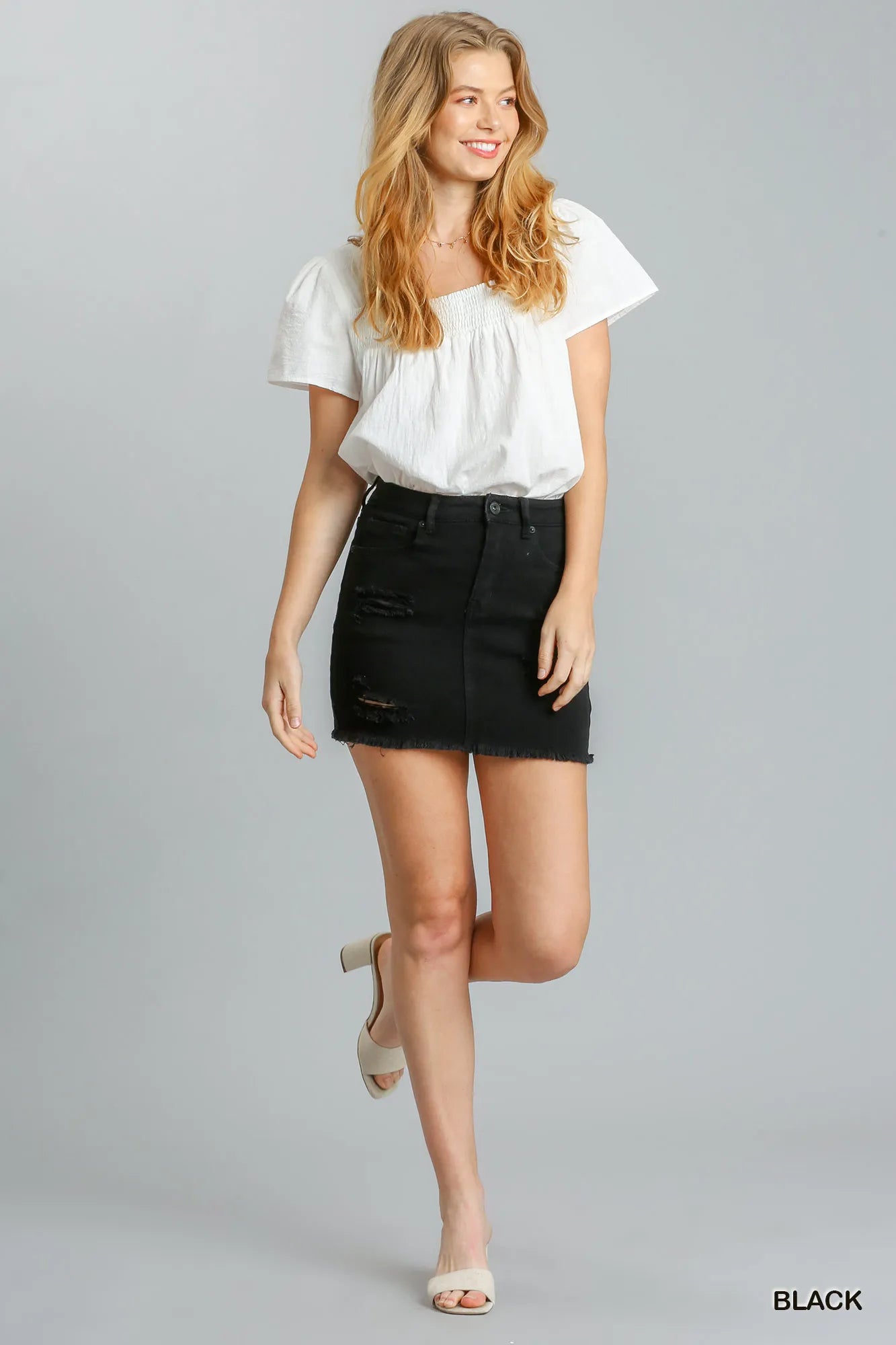 Umgee Distressed Raw Hem High Waist Denim Skirt – Trendy & Stylish