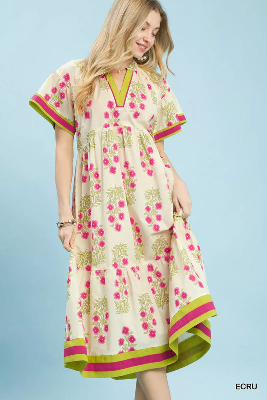 Umgee Floral Border Tiered Midi Dress | Flowy Boutique Style Women