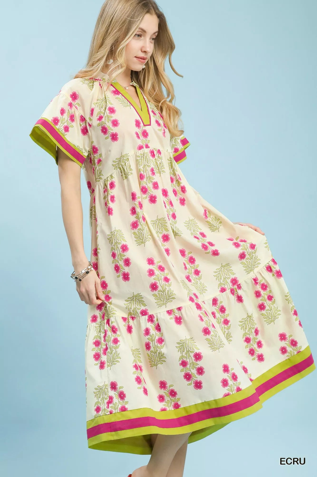 Umgee Floral Border Tiered Midi Dress | Flowy Boutique Style Women