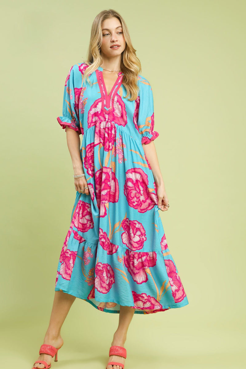 Umgee floral print midi dress front view contrast trim ruffled hem feminine fit