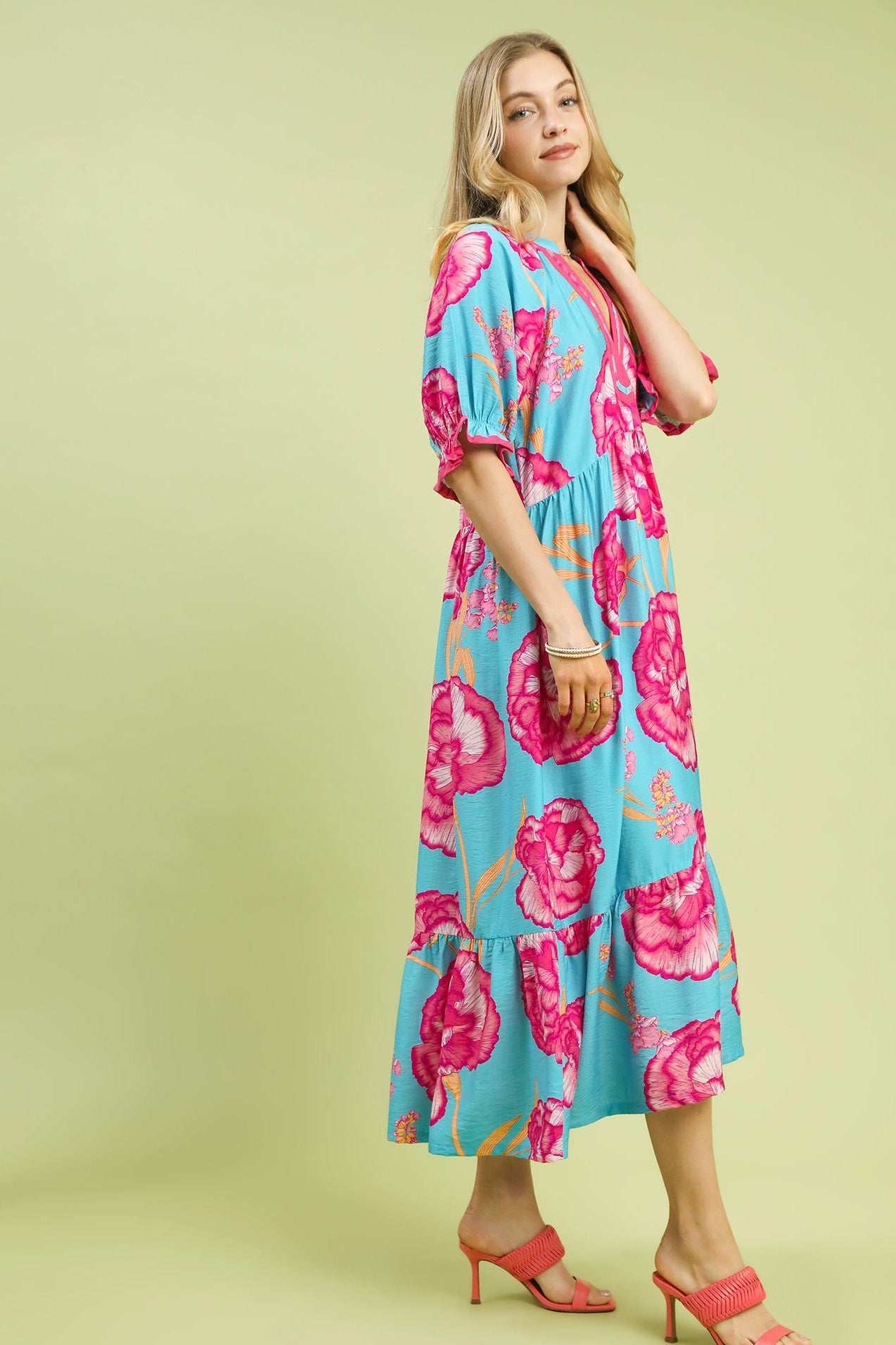 Umgee floral midi dress side view contrast trim ruffled detail rayon nylon