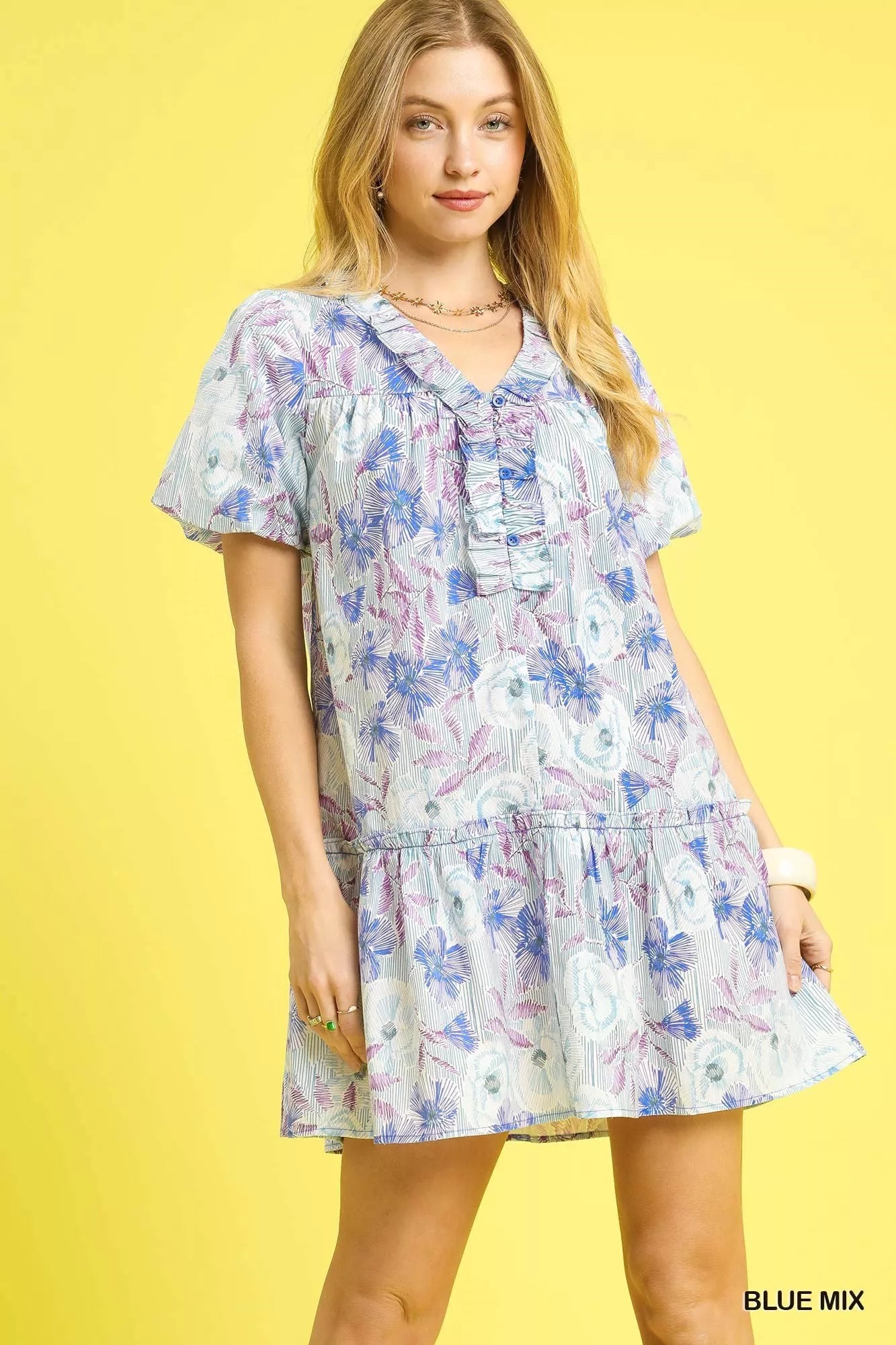 Umgee Floral Ruffled Puff Sleeve Mini Dress Feminine Statement Style
