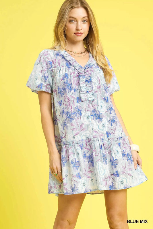Umgee Floral Ruffled Puff Sleeve Mini Dress Feminine Statement Style