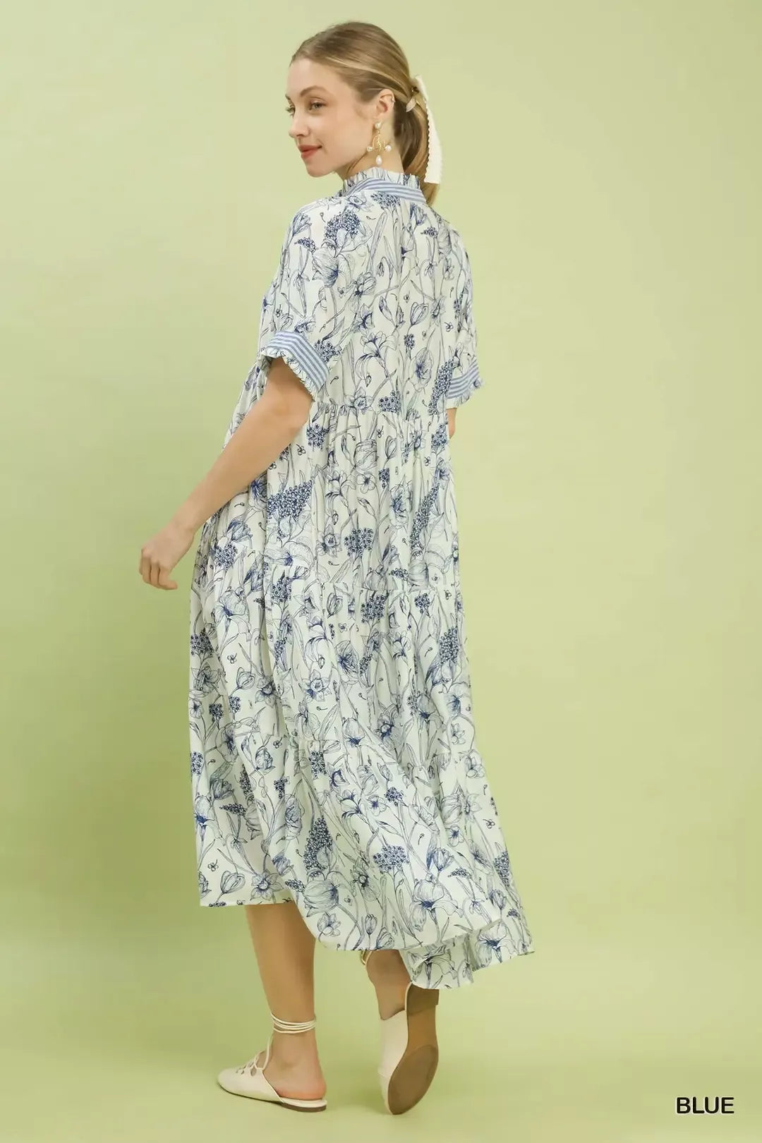 Back view of Umgee floral tiered midi dress showing lightweight fabric, layered ruffle design, and casual feminine fit
