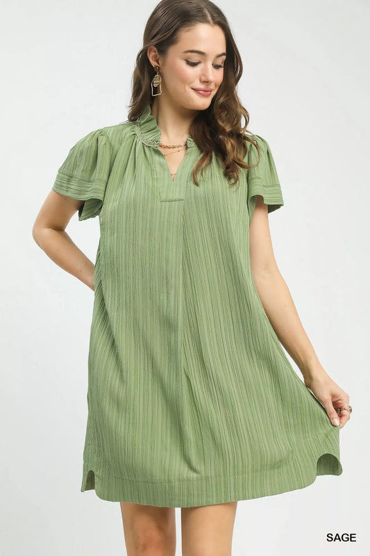 Front view of Umgee flutter sleeve V-neck shift dress showing relaxed fit and flowy silhouette
