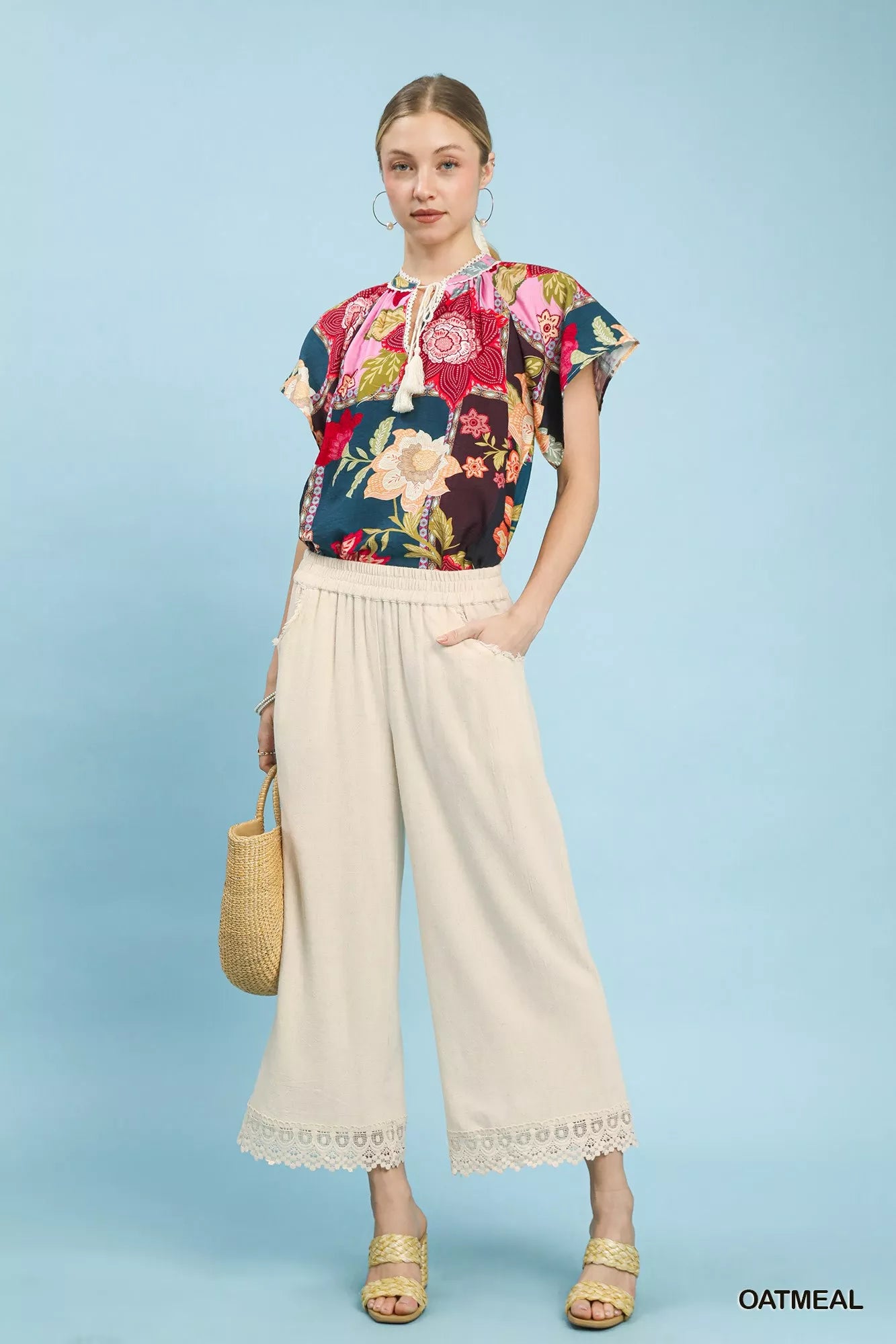 Umgee linen wide leg cropped pants from the front highlighting lace trim detail and easy, comfortable fit
