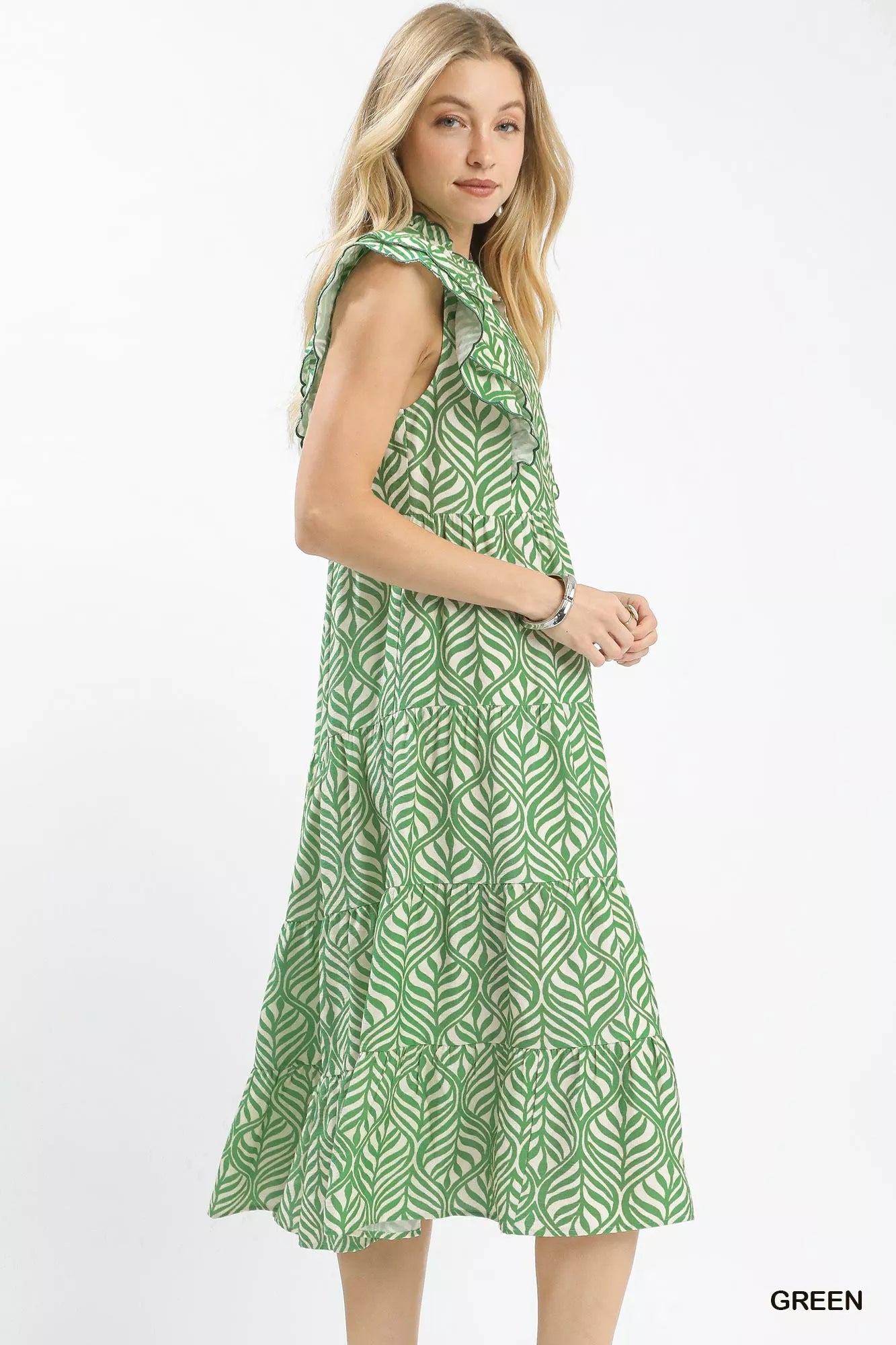 Umgee Leaf Print Tiered Midi Dress with Ruffle Detail & Charm