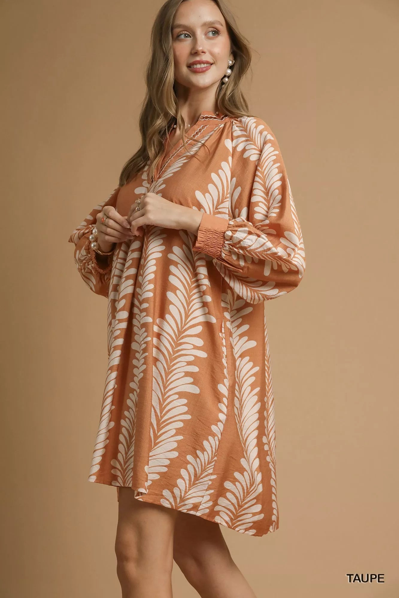 Umgee Leaf Print Notched Mini Babydoll Dress – Fresh & Flirty