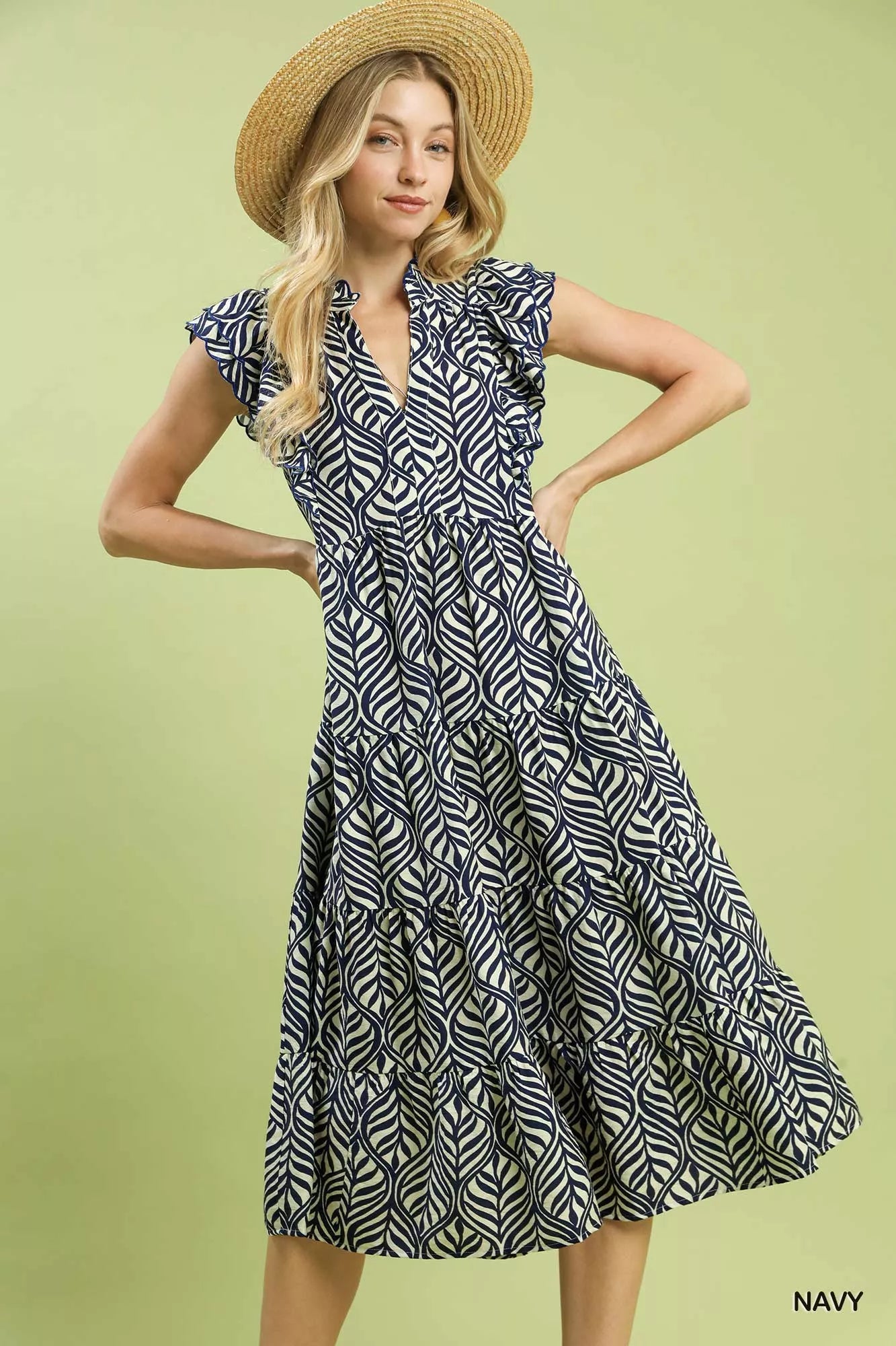 Umgee Leaf Print Tiered Midi Dress with Ruffle Detail Breezy & Stylish