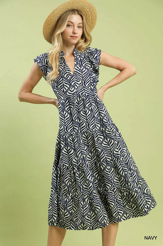 Umgee Leaf Print Tiered Midi Dress with Ruffle Detail Breezy & Stylish