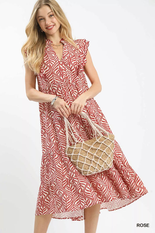 Umgee Leaf Print Tiered Midi Dress | Ruffle Detail | Centprime
