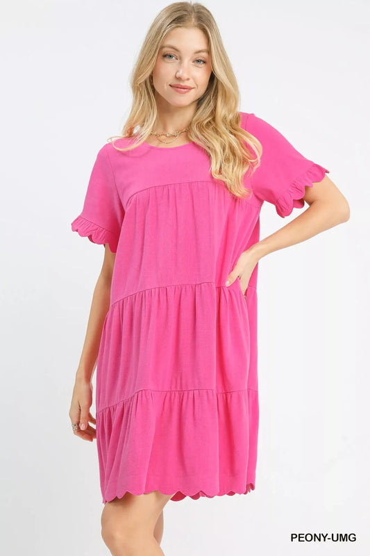 Umgee Linen Tiered Babydoll Dress with Ruffle Sleeves for Summer