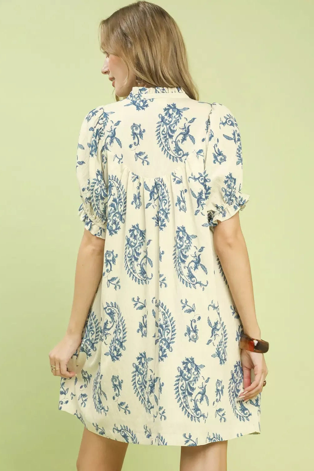 Umgee Paisley Print Scallop Trim Dress back view - rear view of boho mini dress with paisley print, lace detail near shoulder or hemline, scalloped trim and flowy relaxed fit

