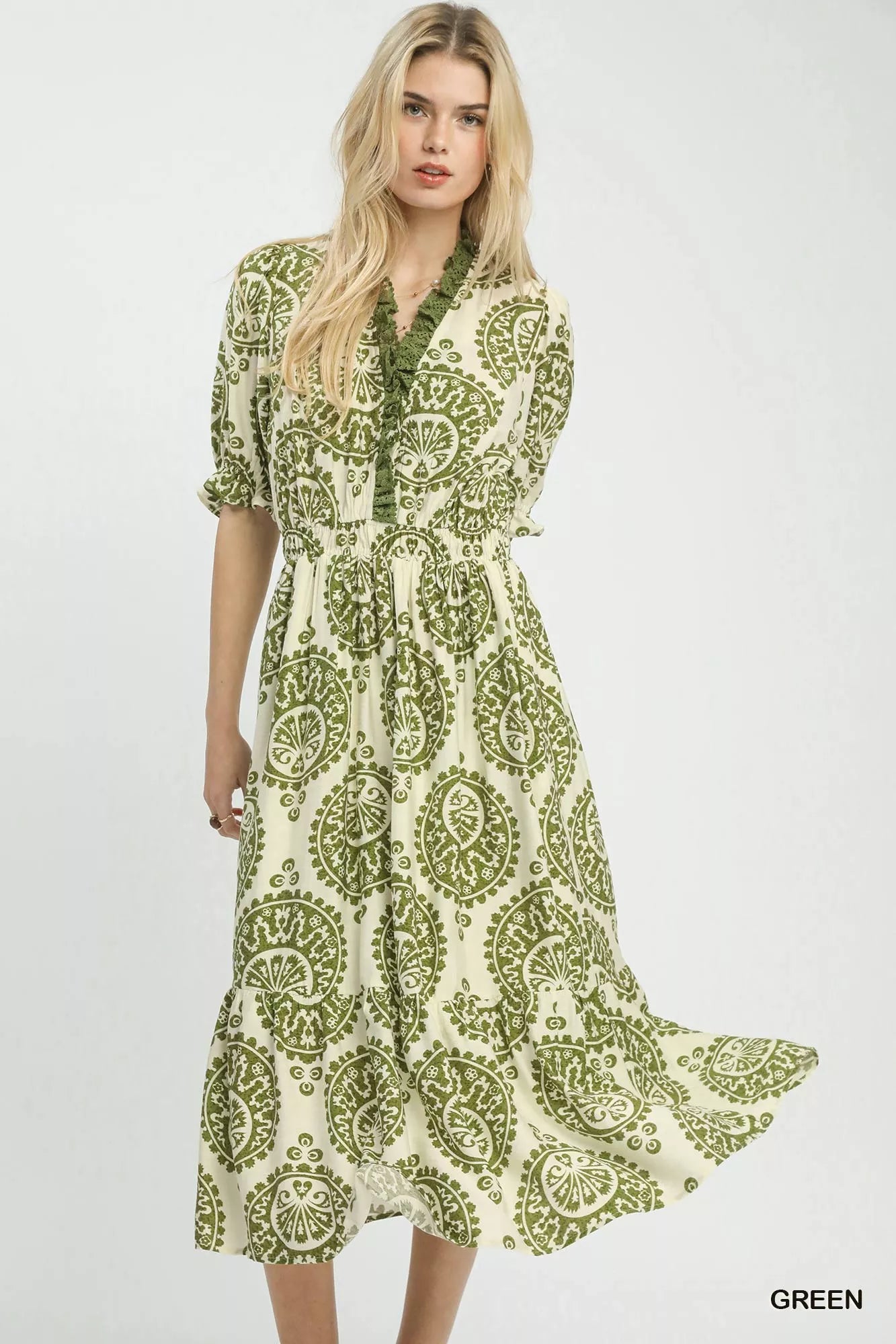Front view of Umgee paisley smocked waist midi dress showing flowy fit and boho style
