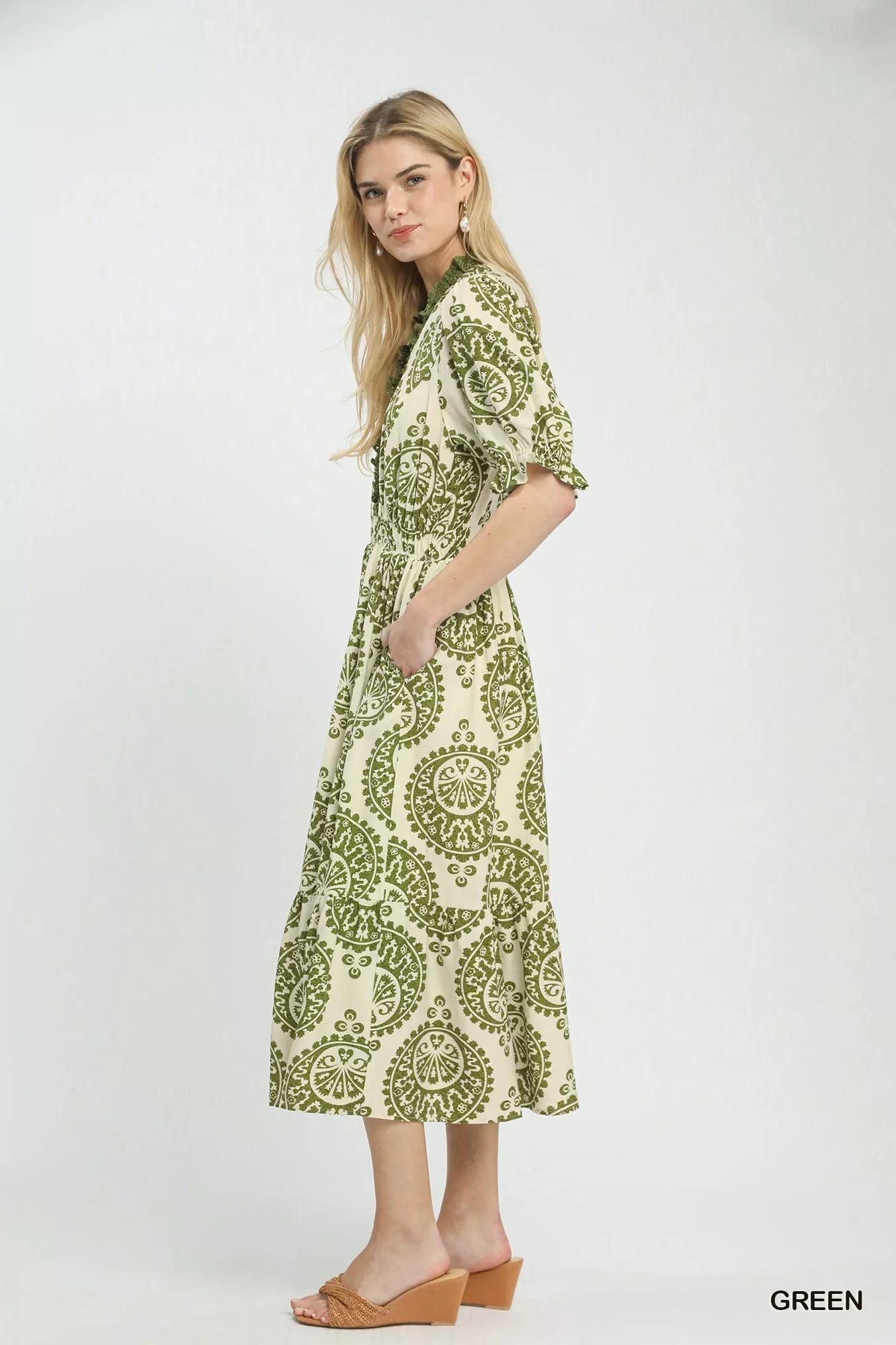 Side view of Umgee paisley smocked waist midi dress showing silhouette and drape
