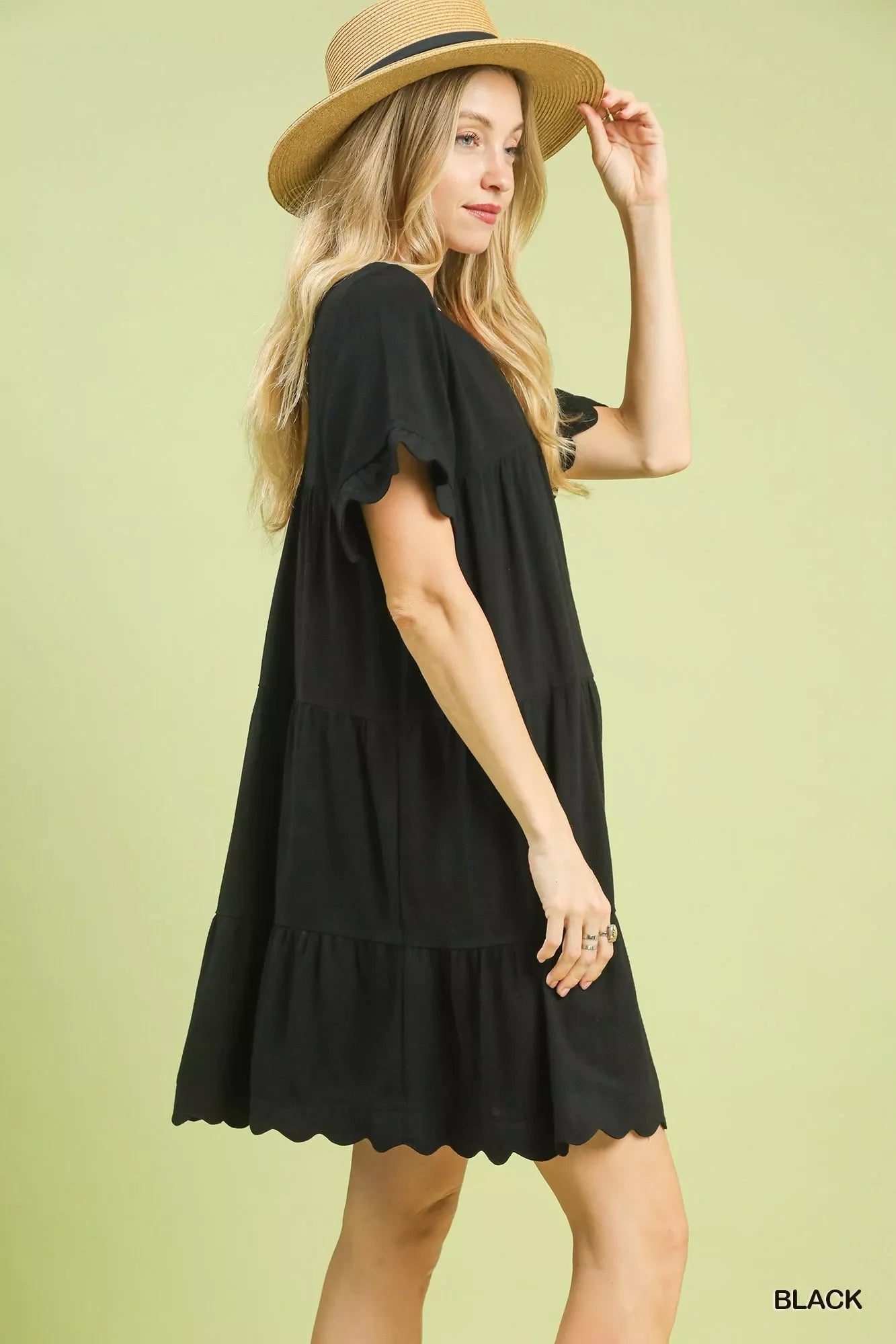 Umgee Linen Tiered Babydoll Dress with Ruffle Sleeves Light & Breezy
