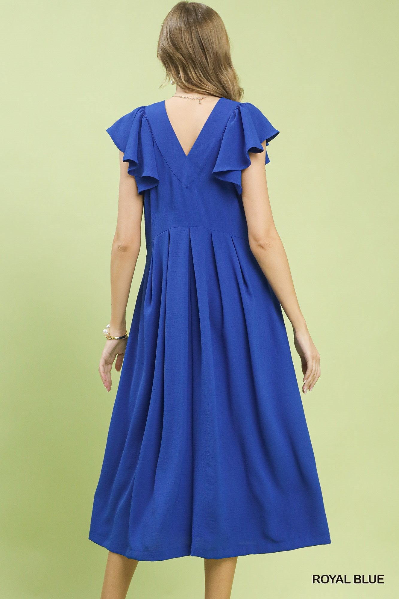 Back view of Umgee Ruffle Sleeve V-Neck Midi Dress showing flowy fit and graceful ruffle sleeve detail.