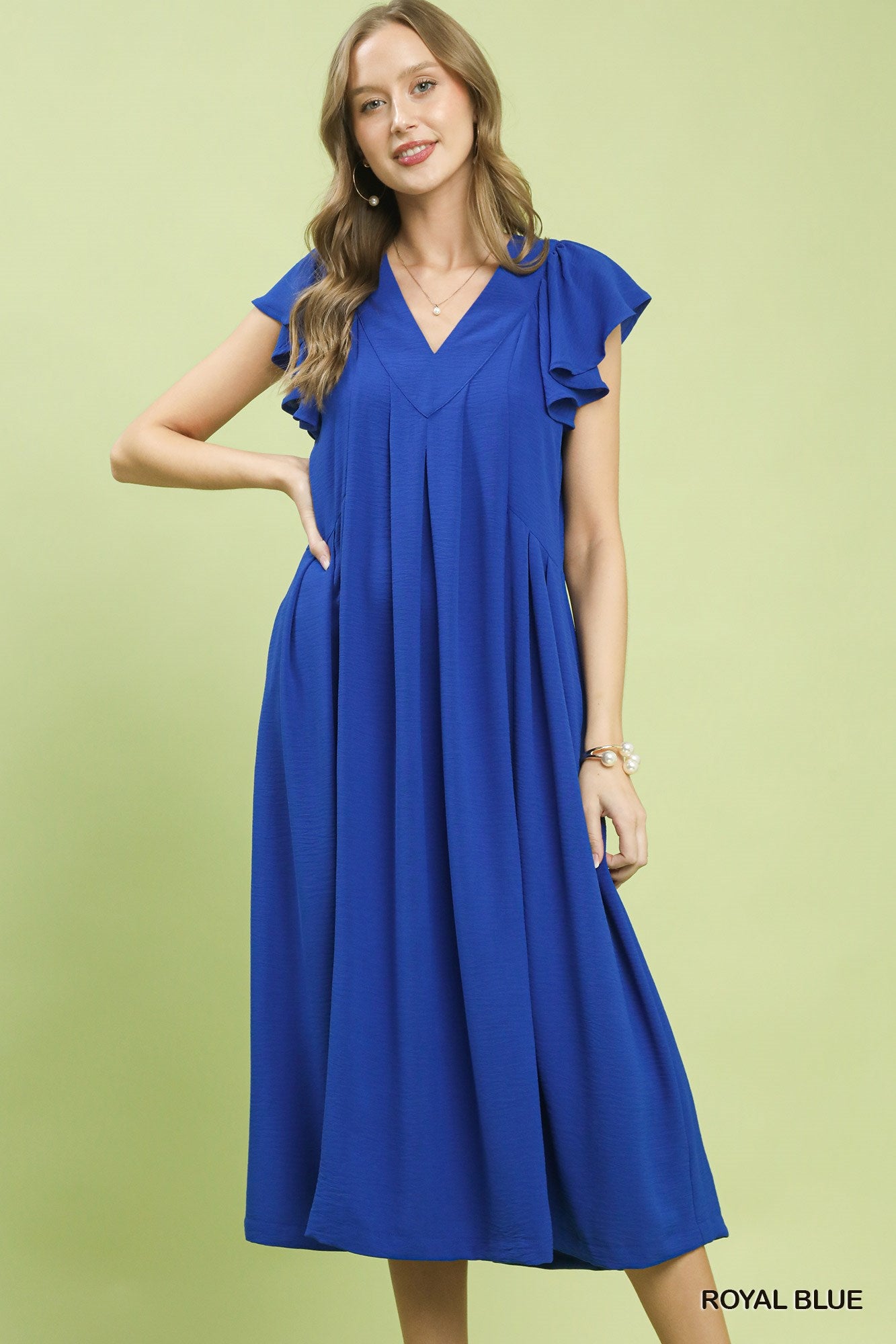 Front view of Umgee Ruffle Sleeve V-Neck Midi Dress on model showing feminine ruffle sleeves and flattering midi fit.