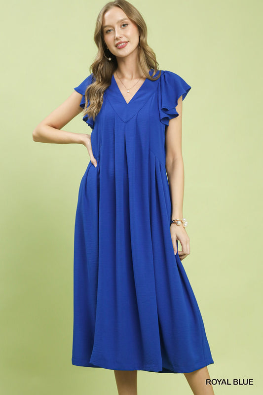 Front view of Umgee Ruffle Sleeve V-Neck Midi Dress on model showing feminine ruffle sleeves and flattering midi fit.