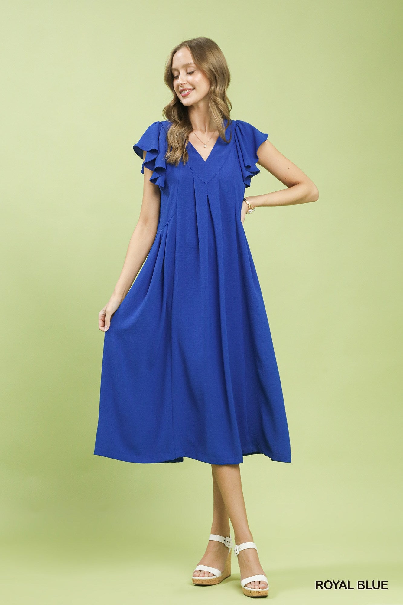 Close-up front view of Umgee Ruffle Sleeve V-Neck Midi Dress highlighting soft fabric and elegant V-neckline.