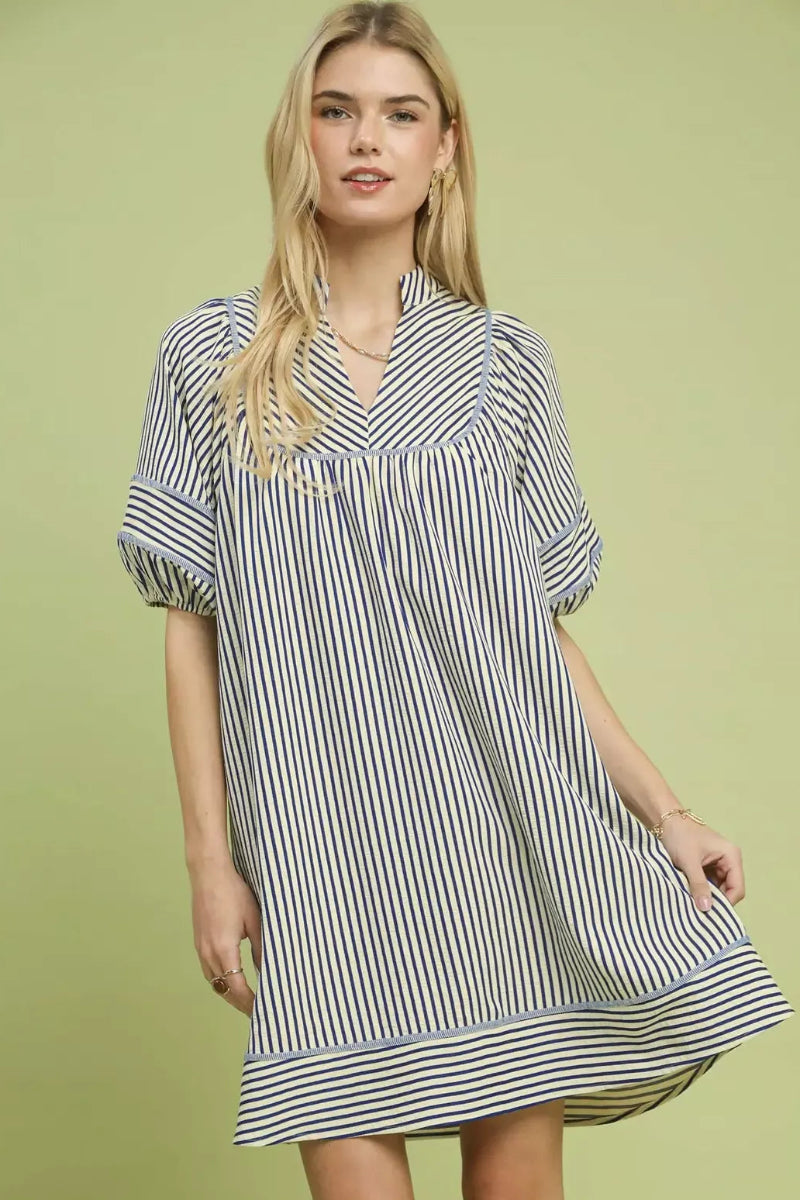 Umgee Striped Puff Sleeve Shift Dress front view - relaxed fit mini dress with vertical or horizontal stripes, puff sleeves, and casual chic shift silhouette

