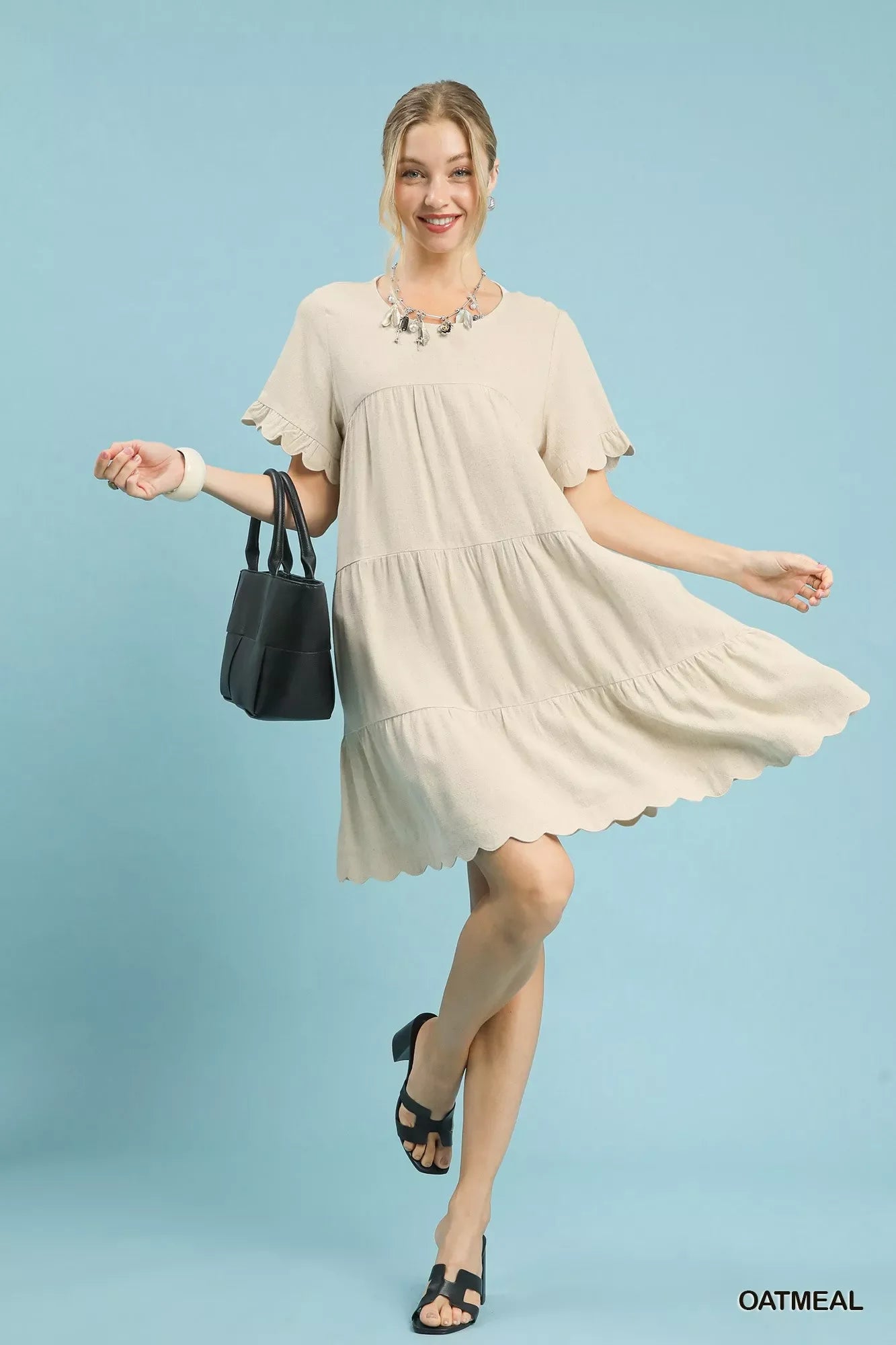 Umgee Linen Tiered Babydoll Dress with Ruffle Sleeves Light & Breezy