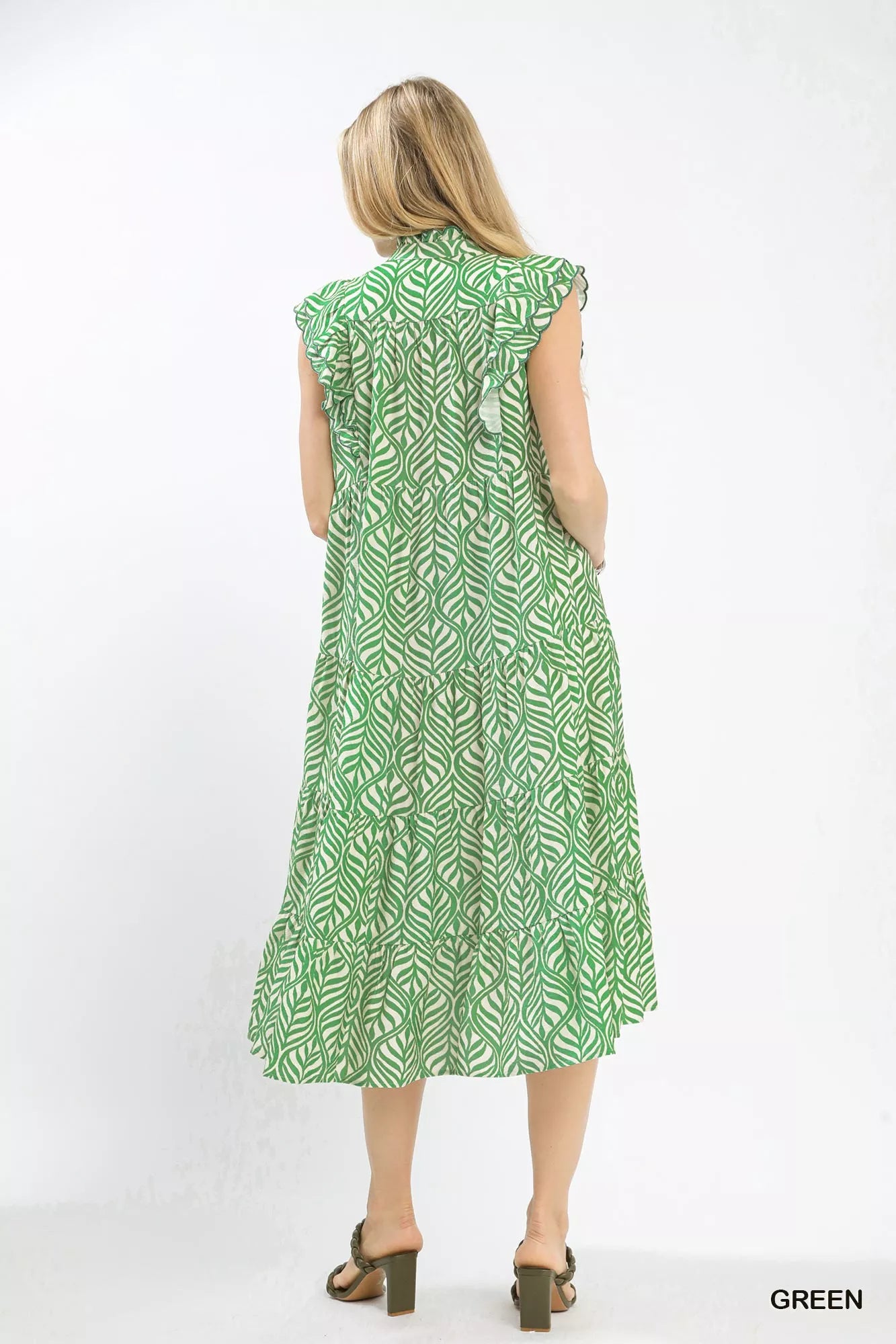 Umgee Leaf Print Tiered Midi Dress with Ruffle Detail & Charm