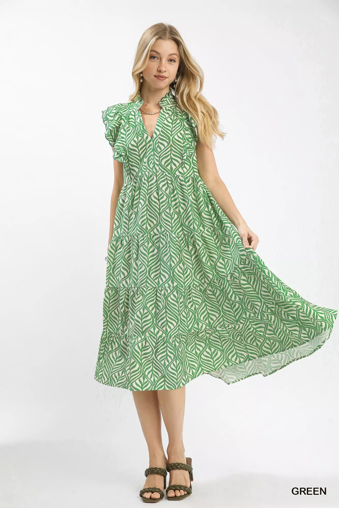 Umgee Leaf Print Tiered Midi Dress with Ruffle Detail & Charm